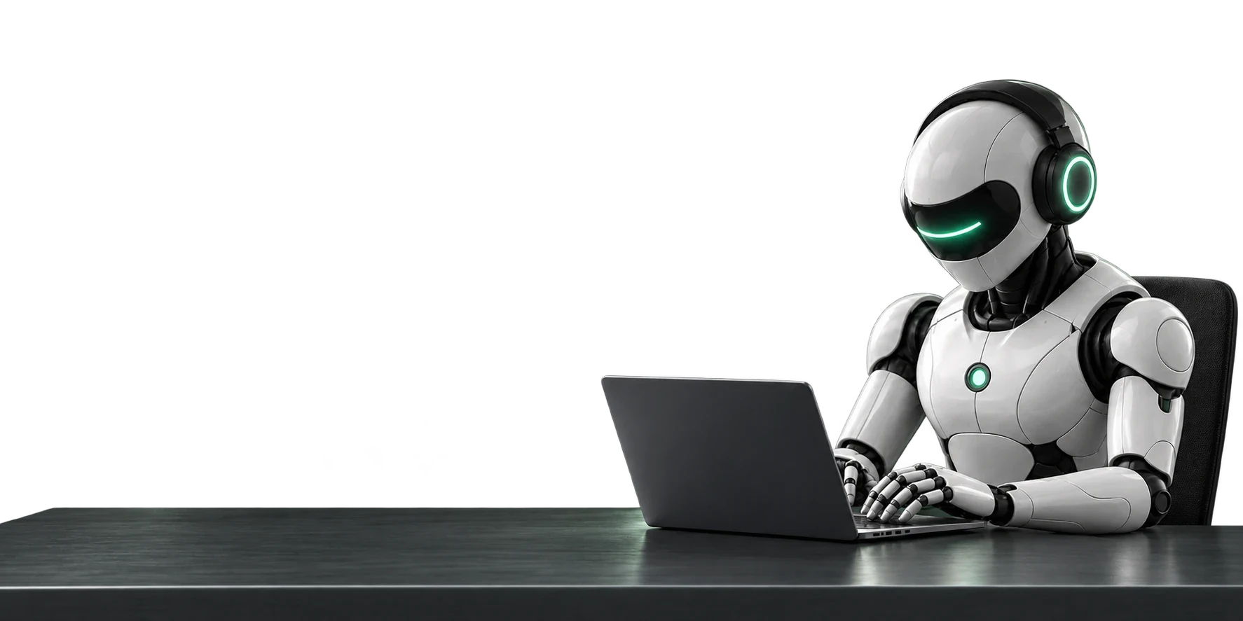 Robot con vincha de telemarketing trabajando en una notebook sobre un escritorio